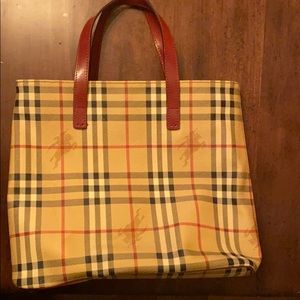 Burberry Nova check Red Leather Trim Tote Purse